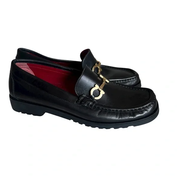 Salvatore Ferragamo Black Leather Loafers with Gold Accents - Picture 2 of 6